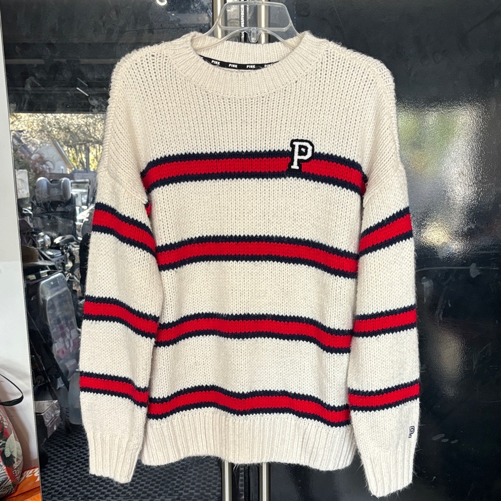 PINK Victoria's Secret Cream Crewneck Sweater with Red & Navy Stripes